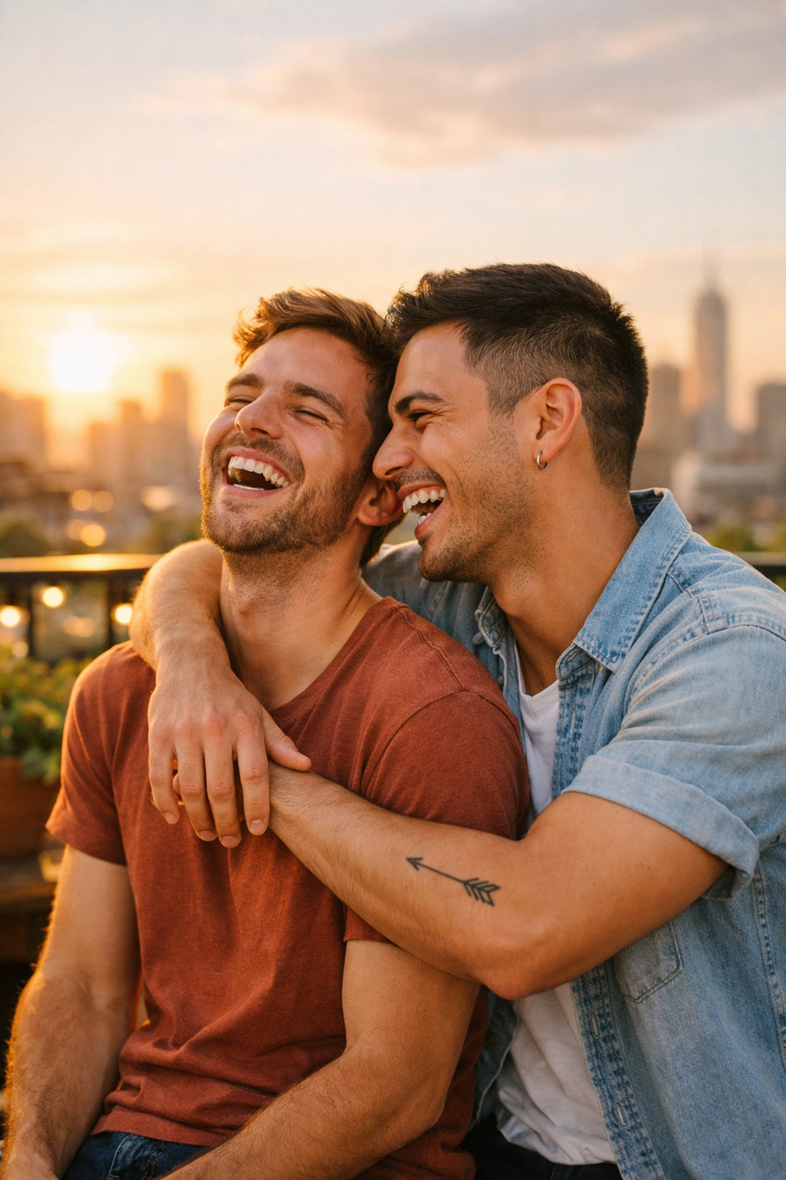 A joyful gay couple at sunset, featuring a small arrow tattoo inspired by Saint Sebastian’s resilience.