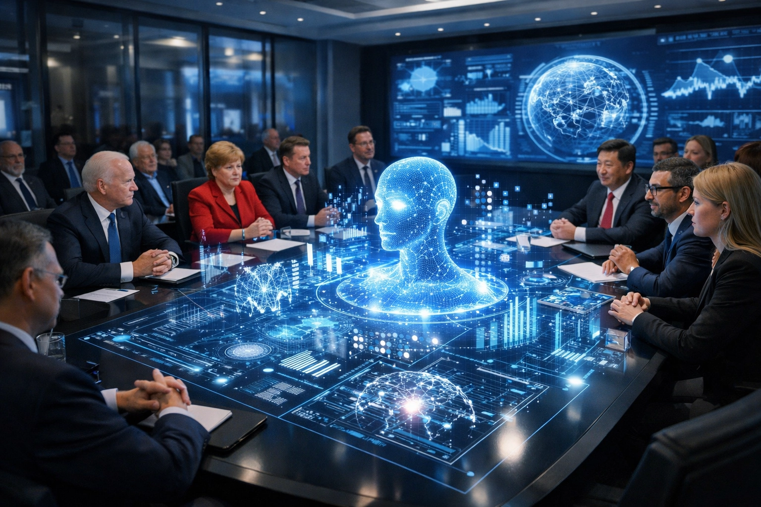 World leaders gathered around table discussing AI technology ethics and global impact