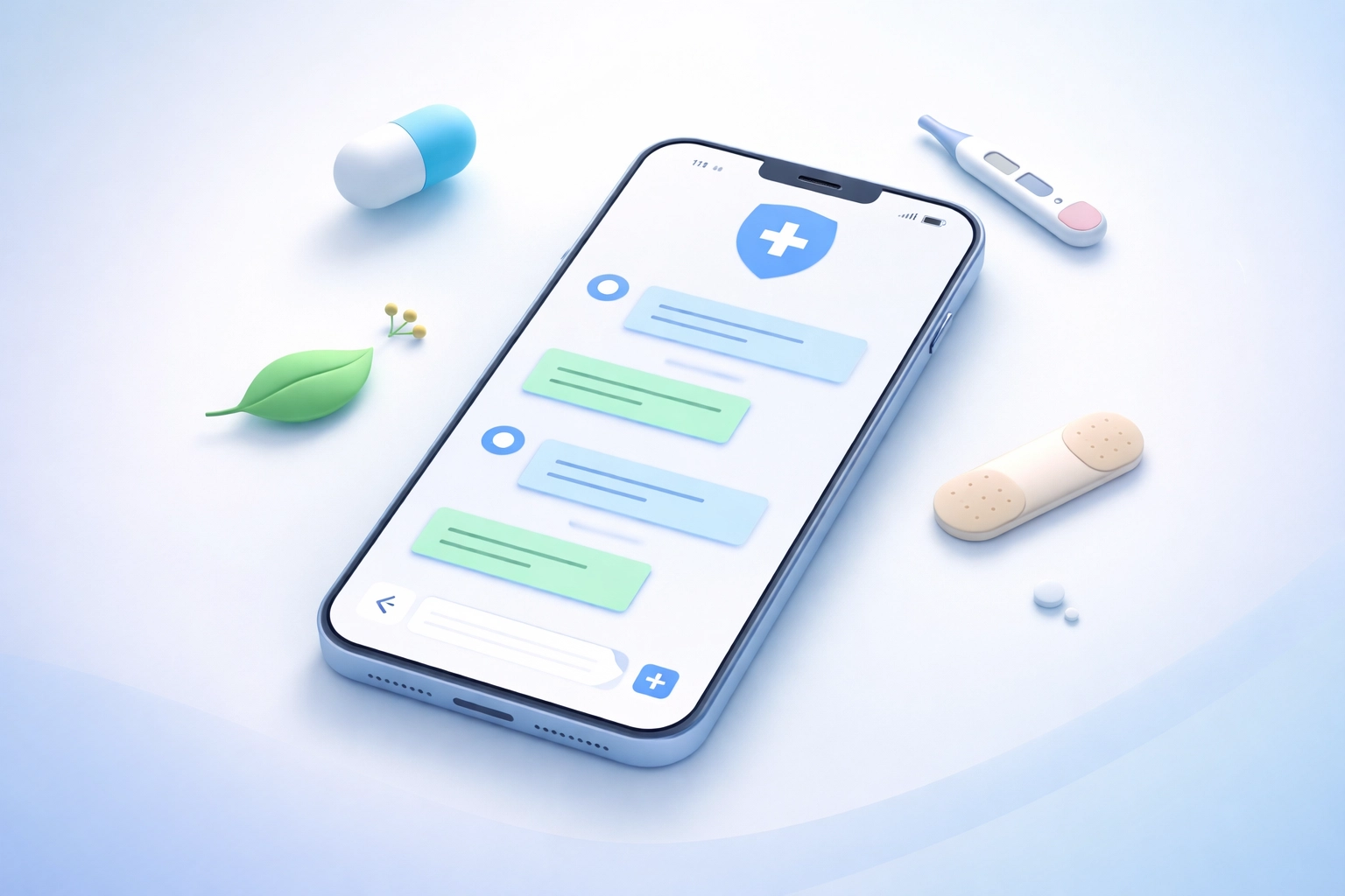 Smartphone showing secure medical chat with icons for common conditions, highlighting 24/7 online urgent care access