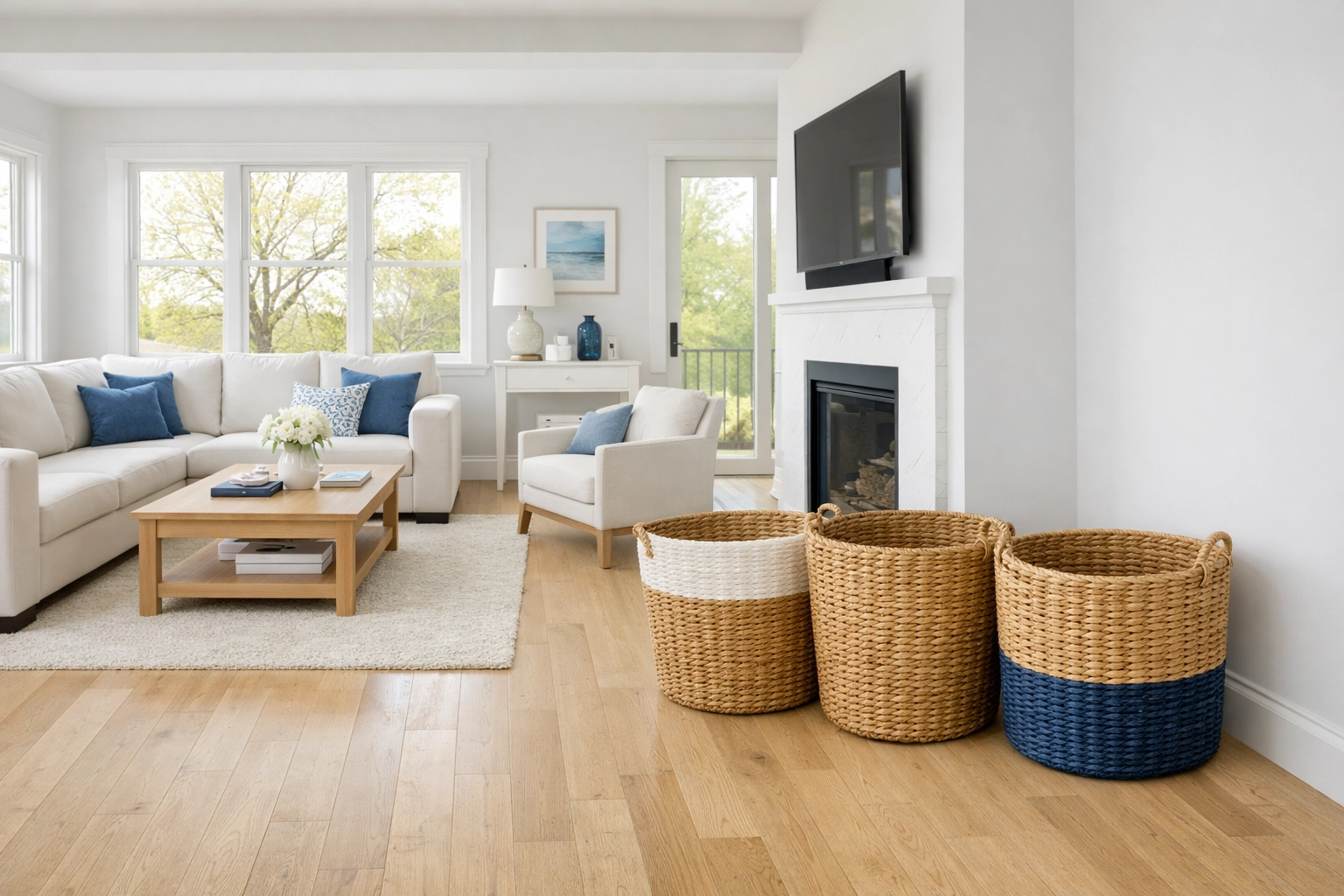 Organized living room with sorting baskets for expert residential cleaning MA.