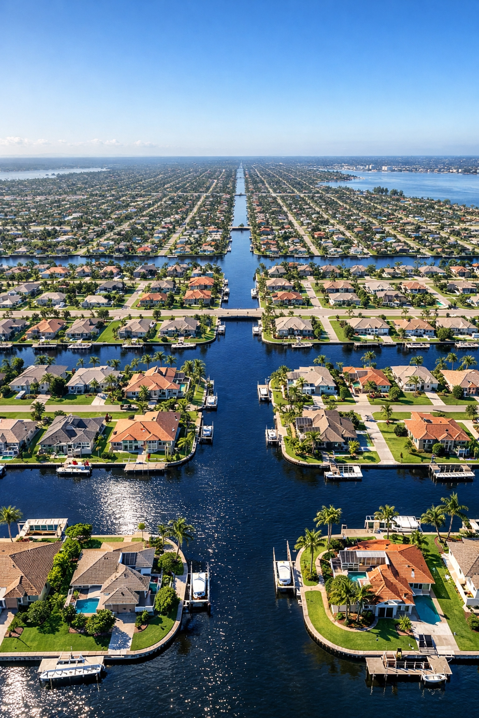 Aerial view of the Cape Coral canal system and residential street grid showing the city's four quadrants.