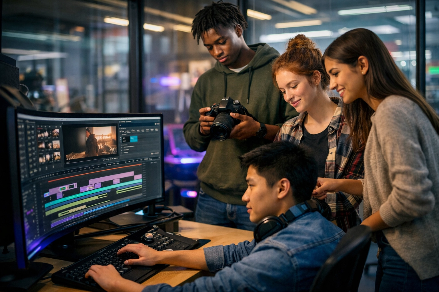 High school students in a modern media lab editing YouTube content to drive global media engagement
