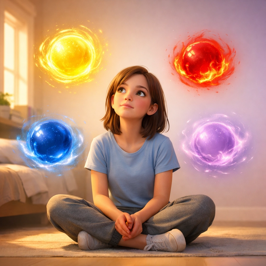 Teen girl surrounded by colorful emotion orbs representing Inside Out 2 themes of joy, sadness, and anxiety