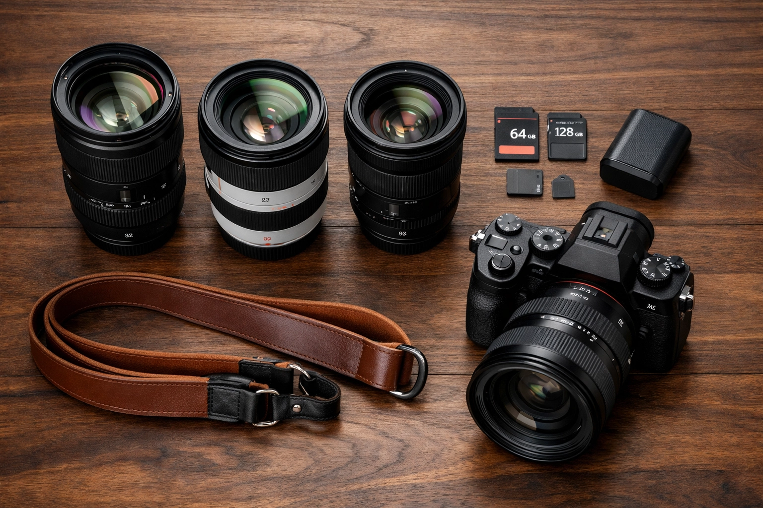 A professional photography kit featuring the best mirrorless cameras and a variety of high-quality lenses.