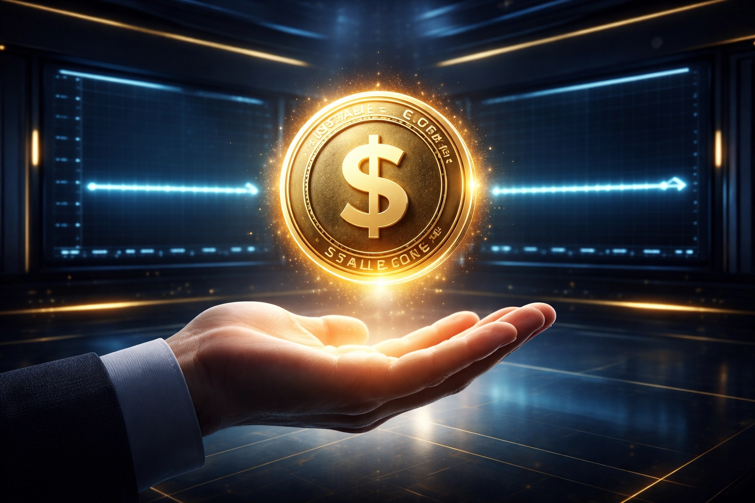 A stablecoin glowing above a hand, symbolizing LUSD's secure and stable Web3 global payments.