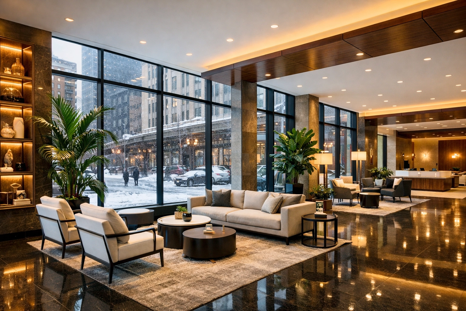 Clean polished granite lobby floors in a luxury Chicago office building reflecting professional janitorial maintenance.