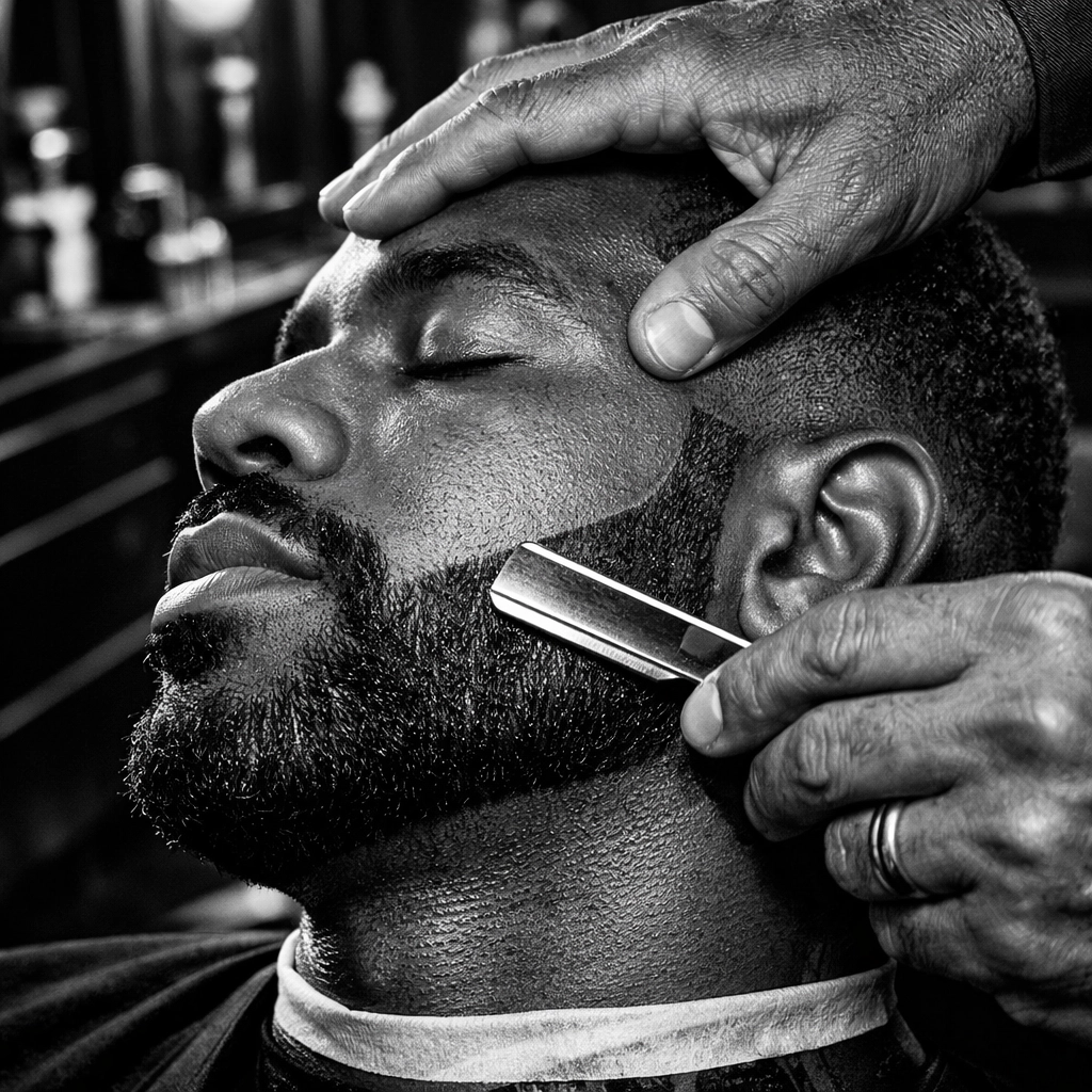Master barber performing a precision straight-razor line-up at X-Quisite Cutz in West Chester, Ohio.