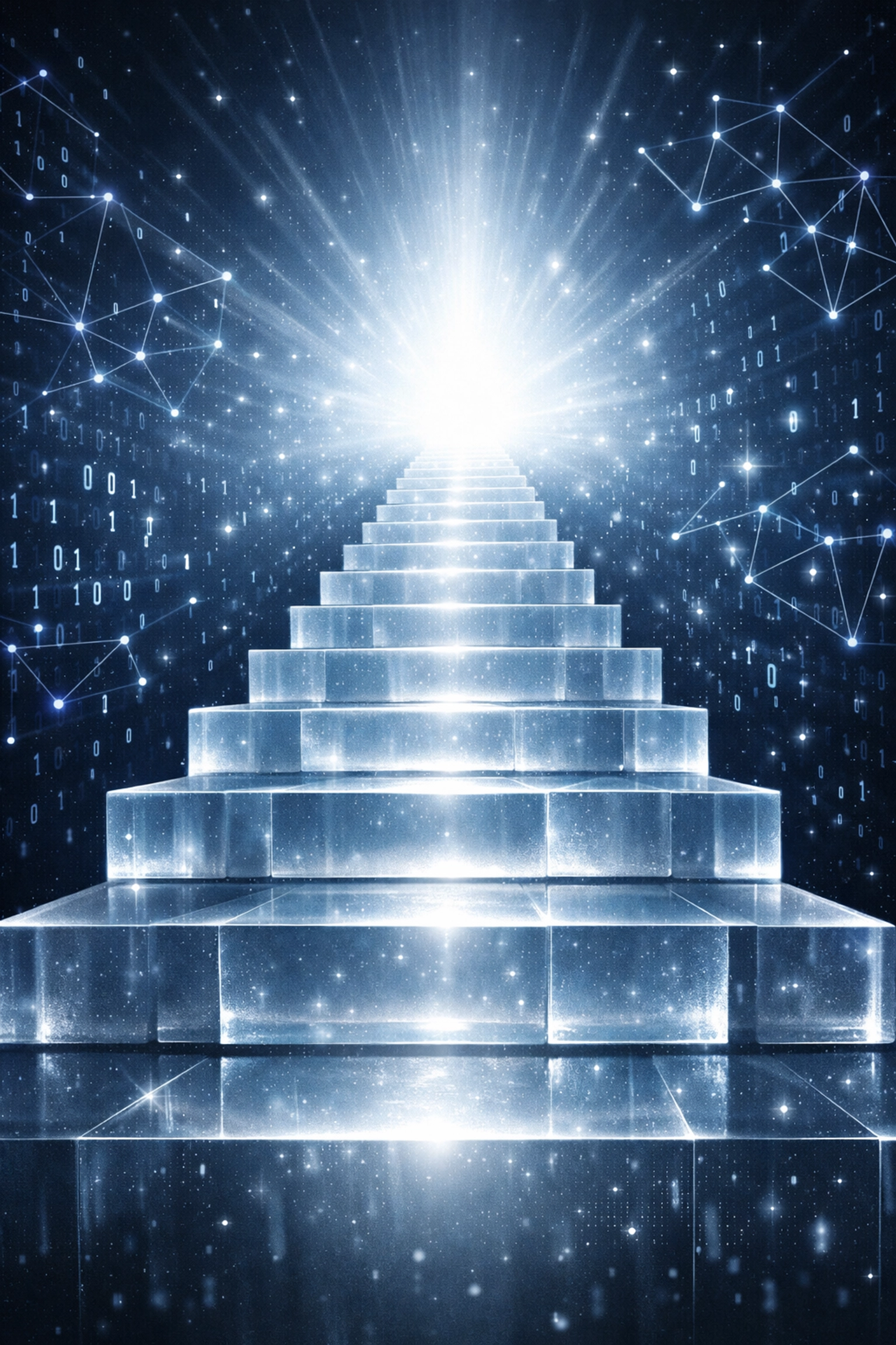 Glowing digital staircase representing the path to business growth and AI SEO success.