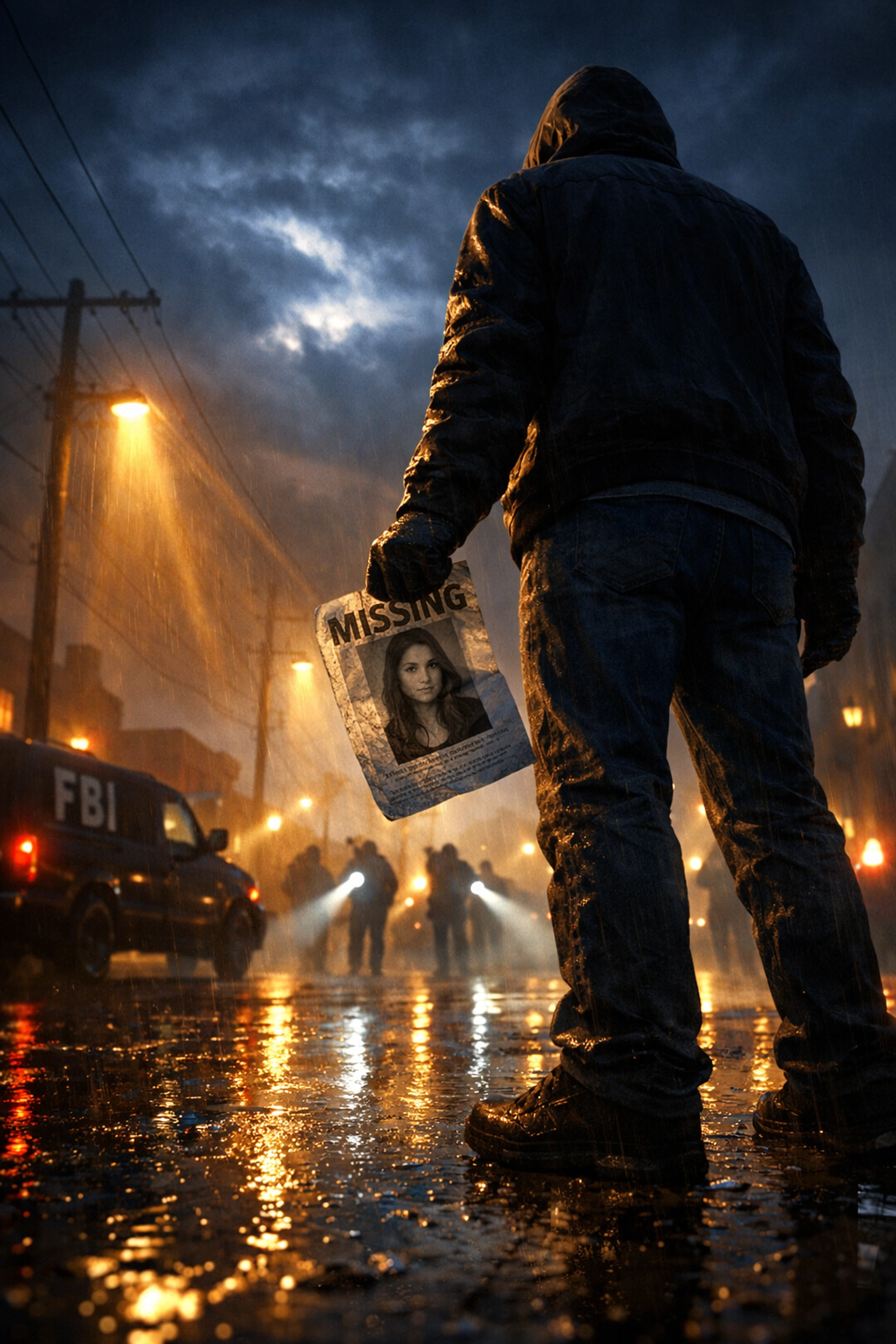 Missing person search with FBI vehicles and community volunteers holding flyer at dusk