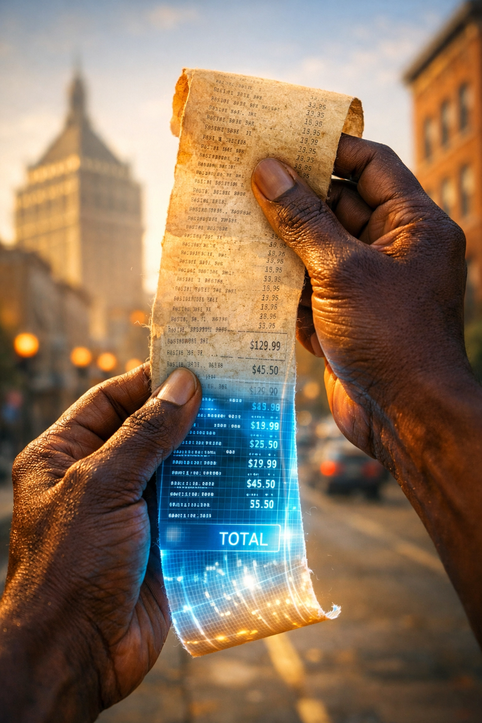 Hands holding a long reparations receipt on a Rochester street, symbolizing the settlement of historical debt.