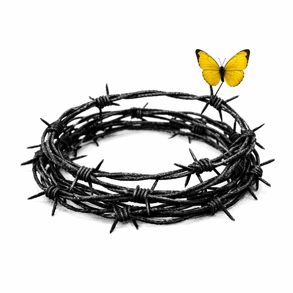 A yellow butterfly on barbed wire, symbolizing hope in Viktor Frankl's book Man's Search for Meaning.