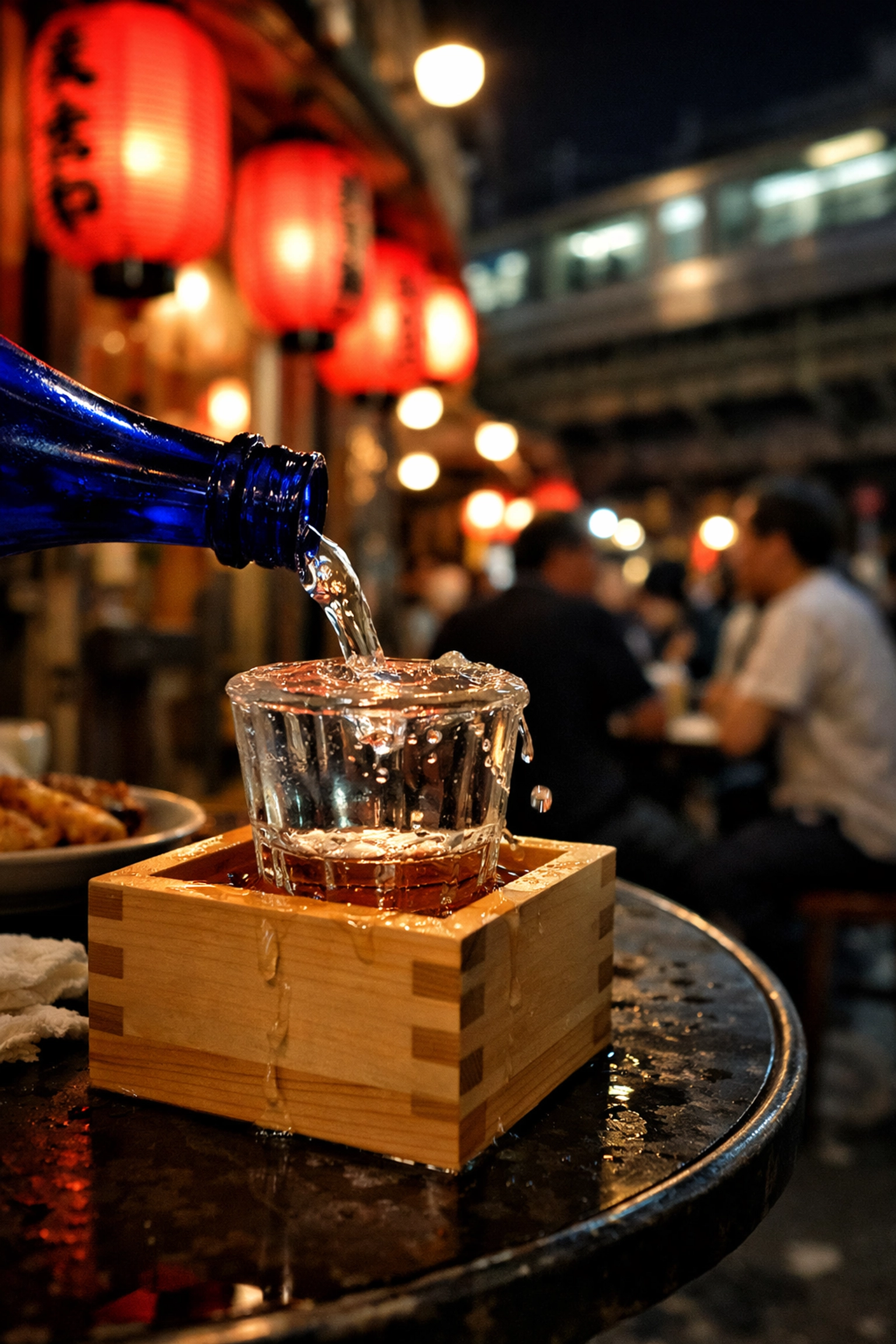 Traditional sake pour in Shimbashi, one of the best photography locations at night.