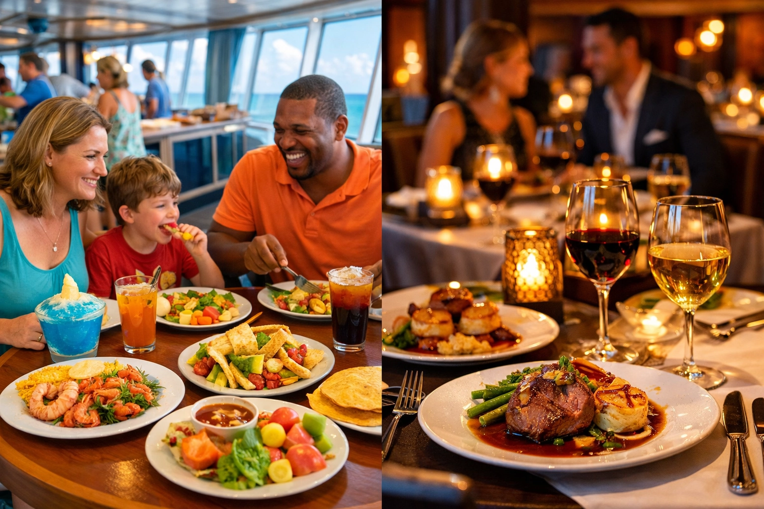 Budget buffet dining vs luxury restaurant on cruise ship - cruise deals comparison