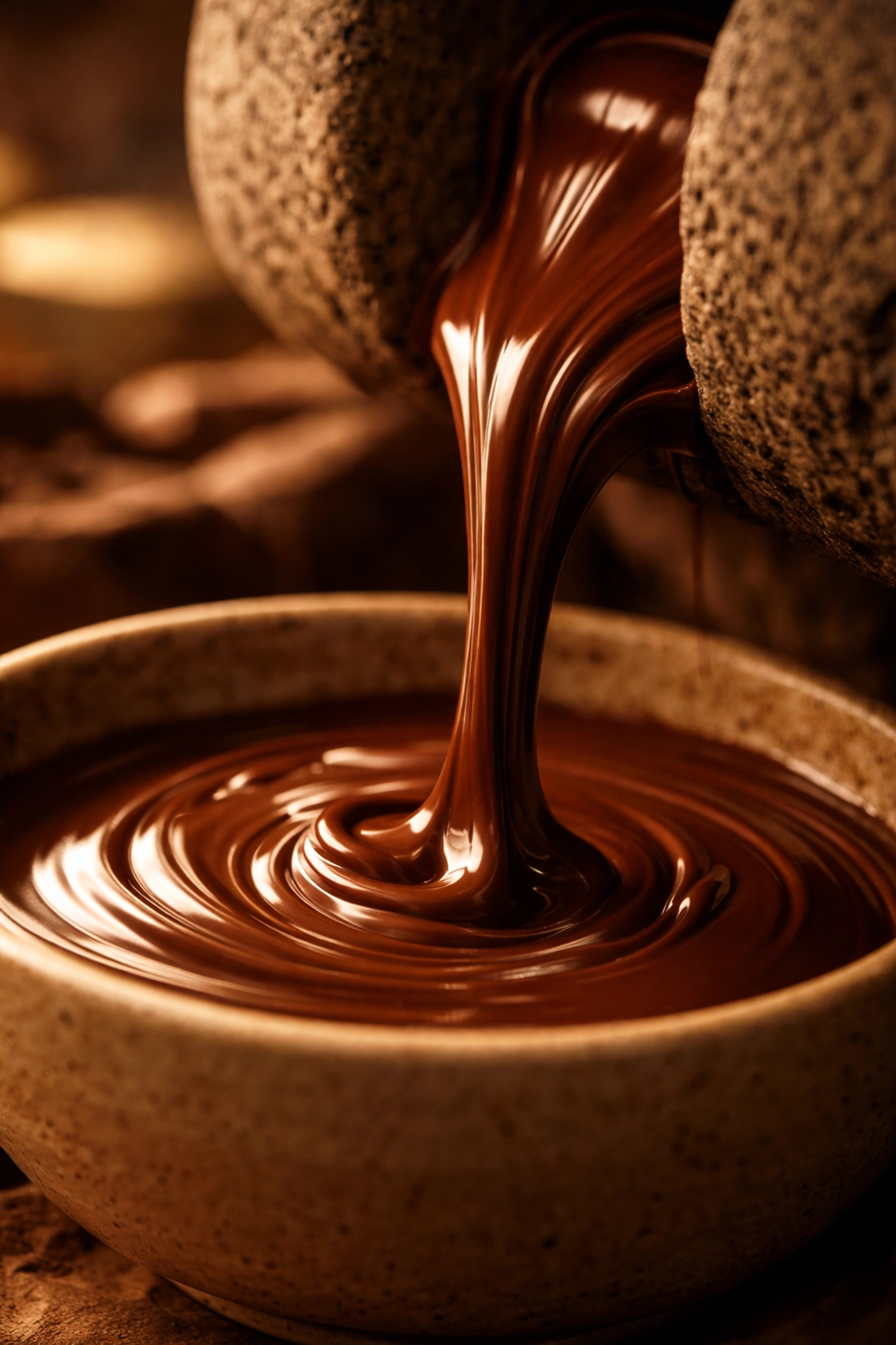 Silky dark chocolate pouring from a stone grinder, demonstrating the artisan chocolate grinding process.