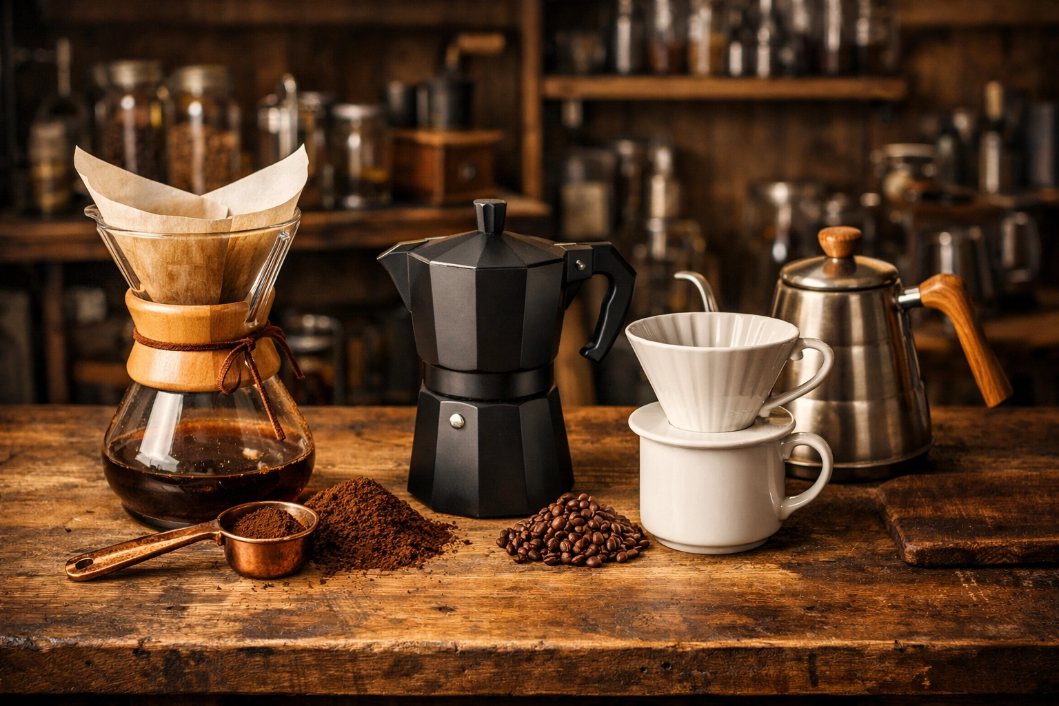 Various speciality coffee brewing equipment including a Chemex, V60, and Moka pot on a bench.