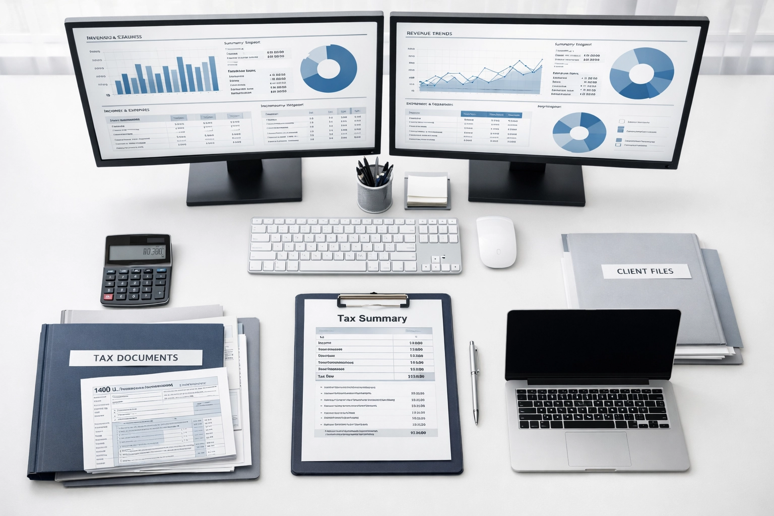 Tax preparation workspace with multiple monitors for high-volume service bureau operations