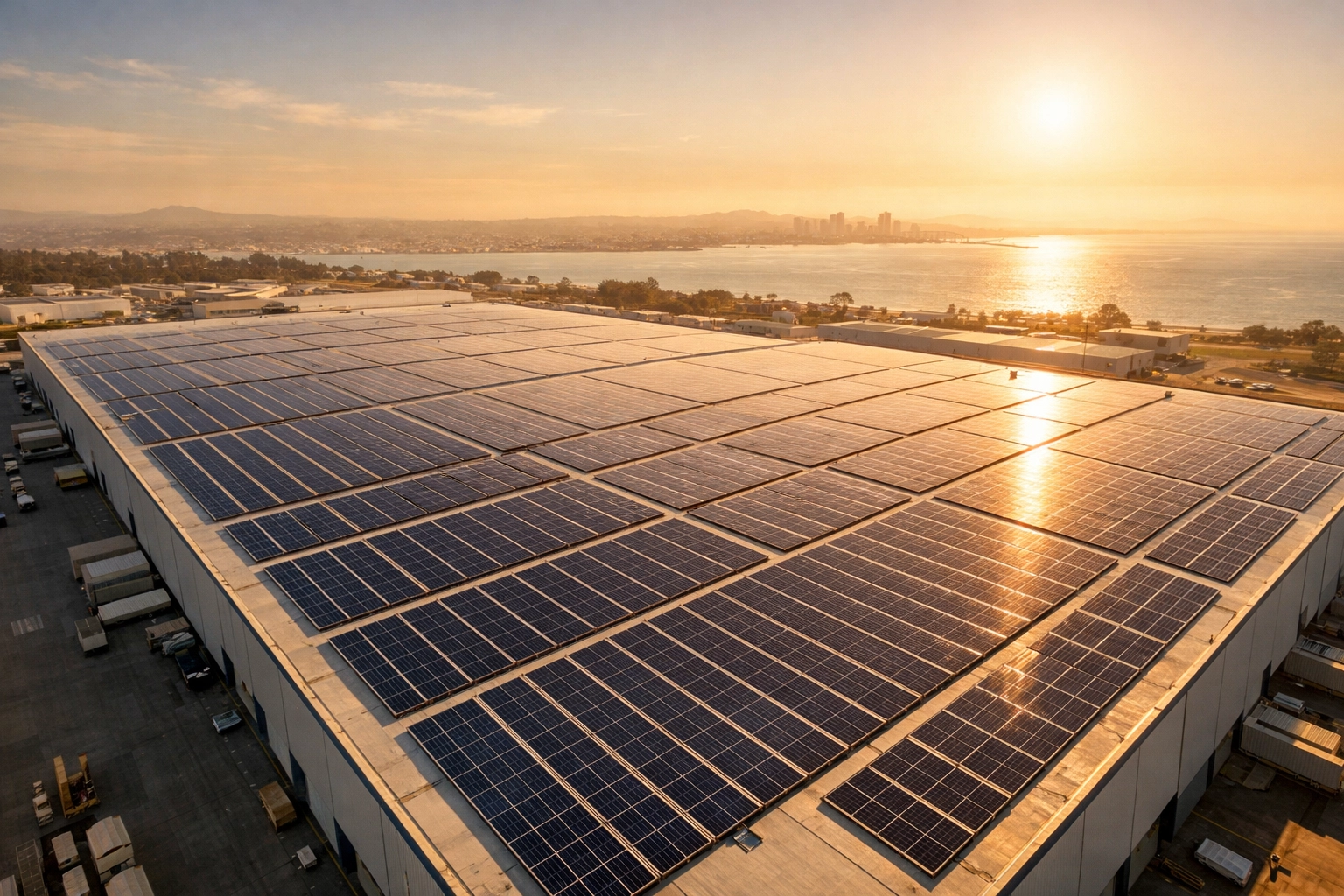 High-angle view of industrial solar panels on a large San Diego commercial rooftop.