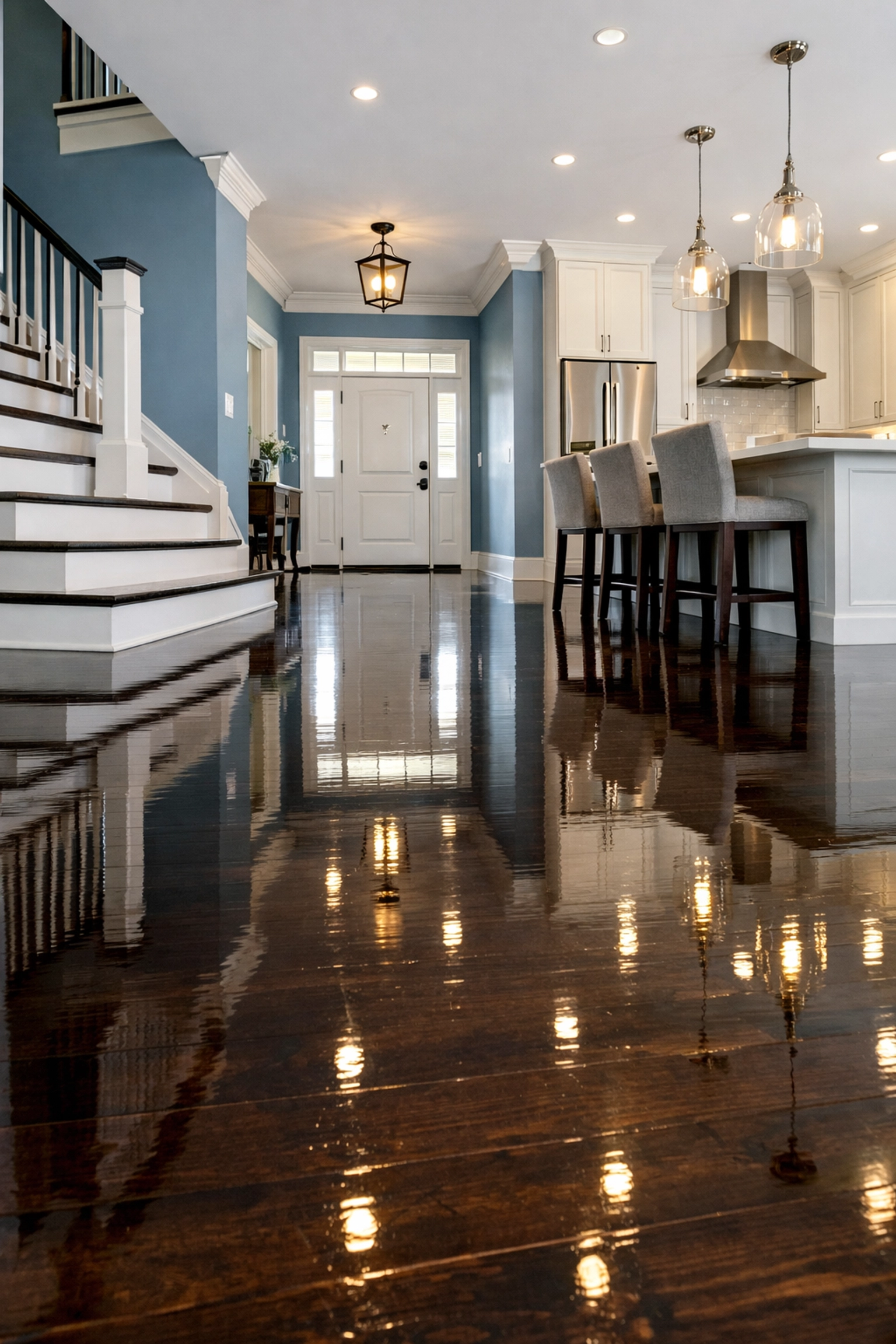 Gleaming hardwood floors in a modern Wayland kitchen, highlighting the quality of weekly house cleaning.