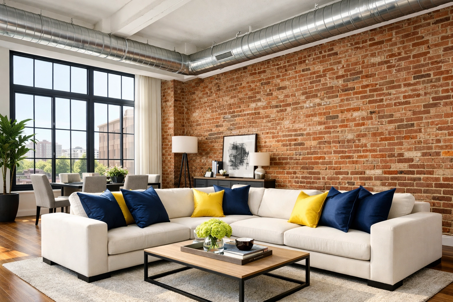 Professionally cleaned East Cambridge loft with exposed brick walls, showcasing expert house cleaning Cambridge MA.