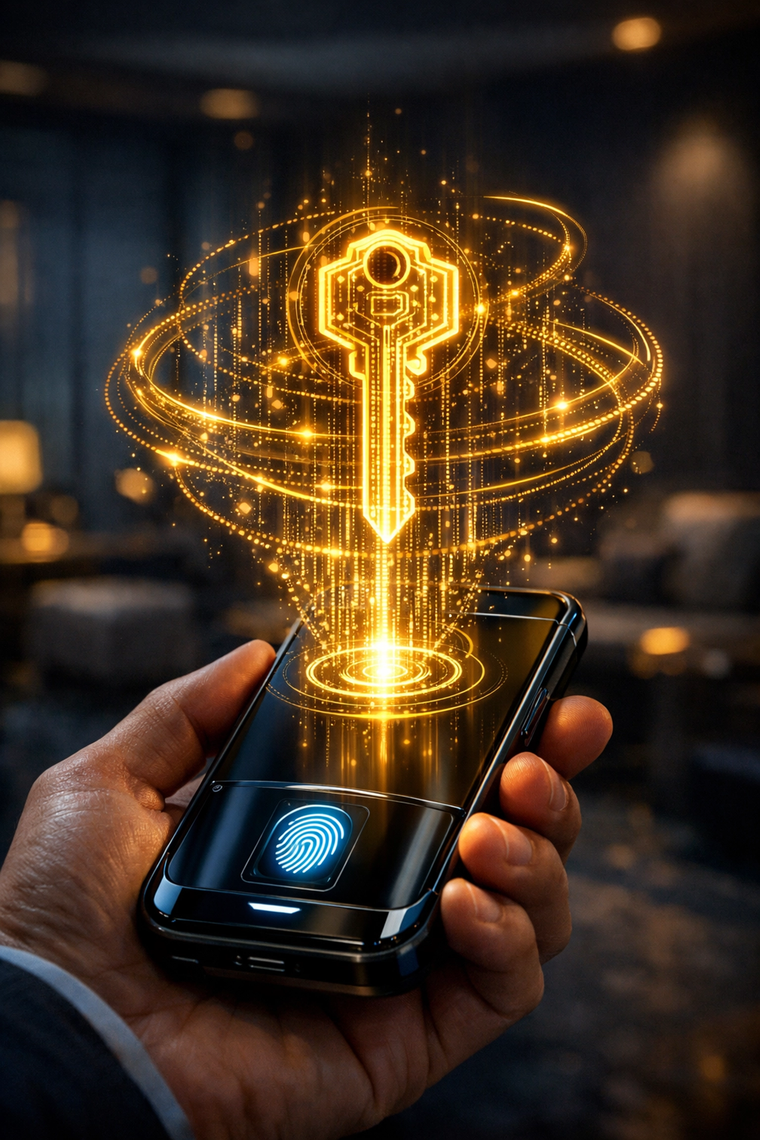 Digital holographic key representing self-custody and secure asset ownership in the Larecoin.ai metaverse.