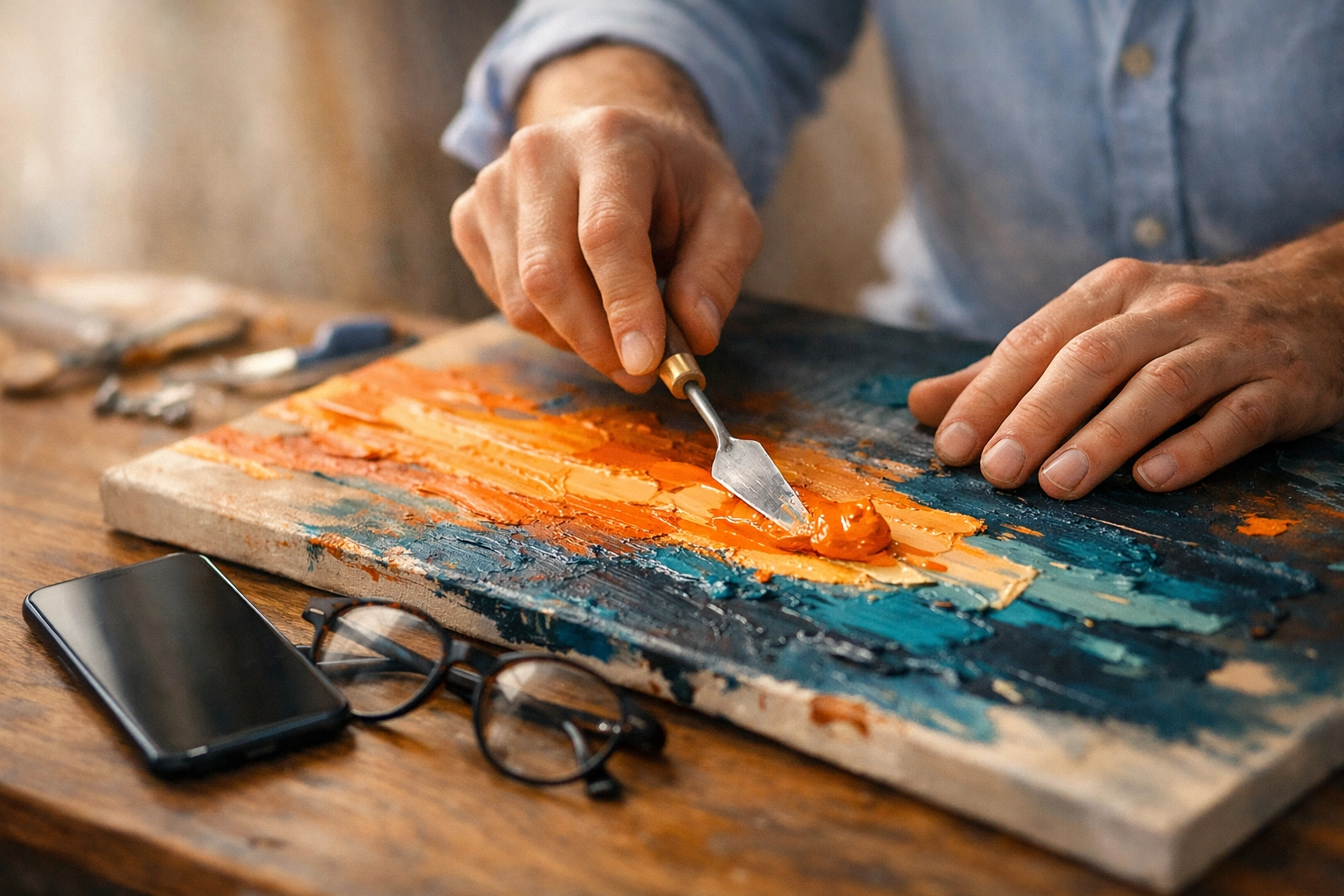 Professional hands using vibrant paint for active rest, moving from digital data to a creative mental reset.