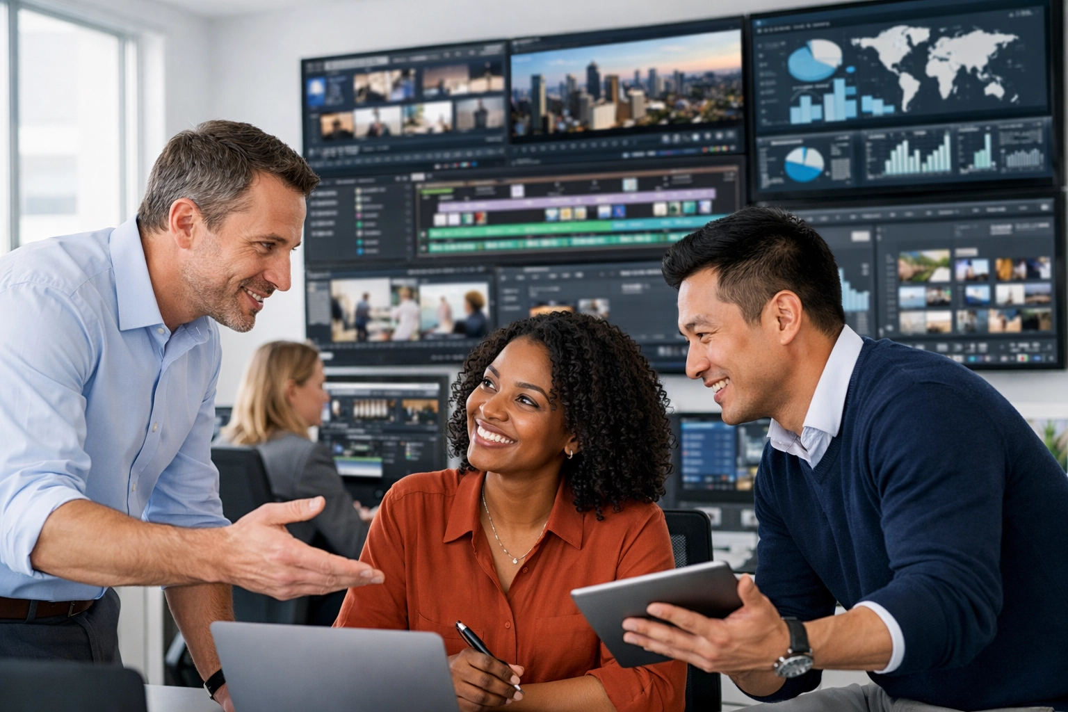 Media strategists managing asset versions and analytics in a modern operations center for sports portfolios.