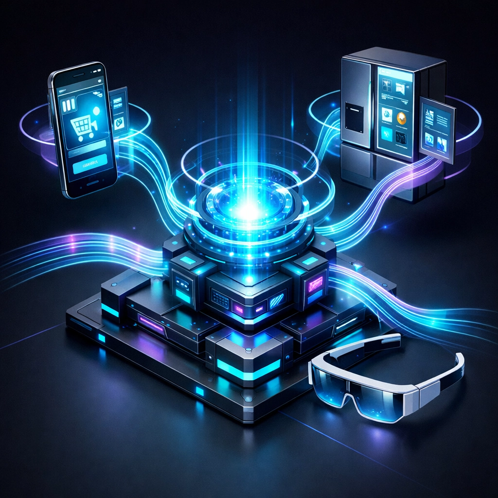Headless commerce architecture showing a modular backend connected to mobile and smart devices via APIs.