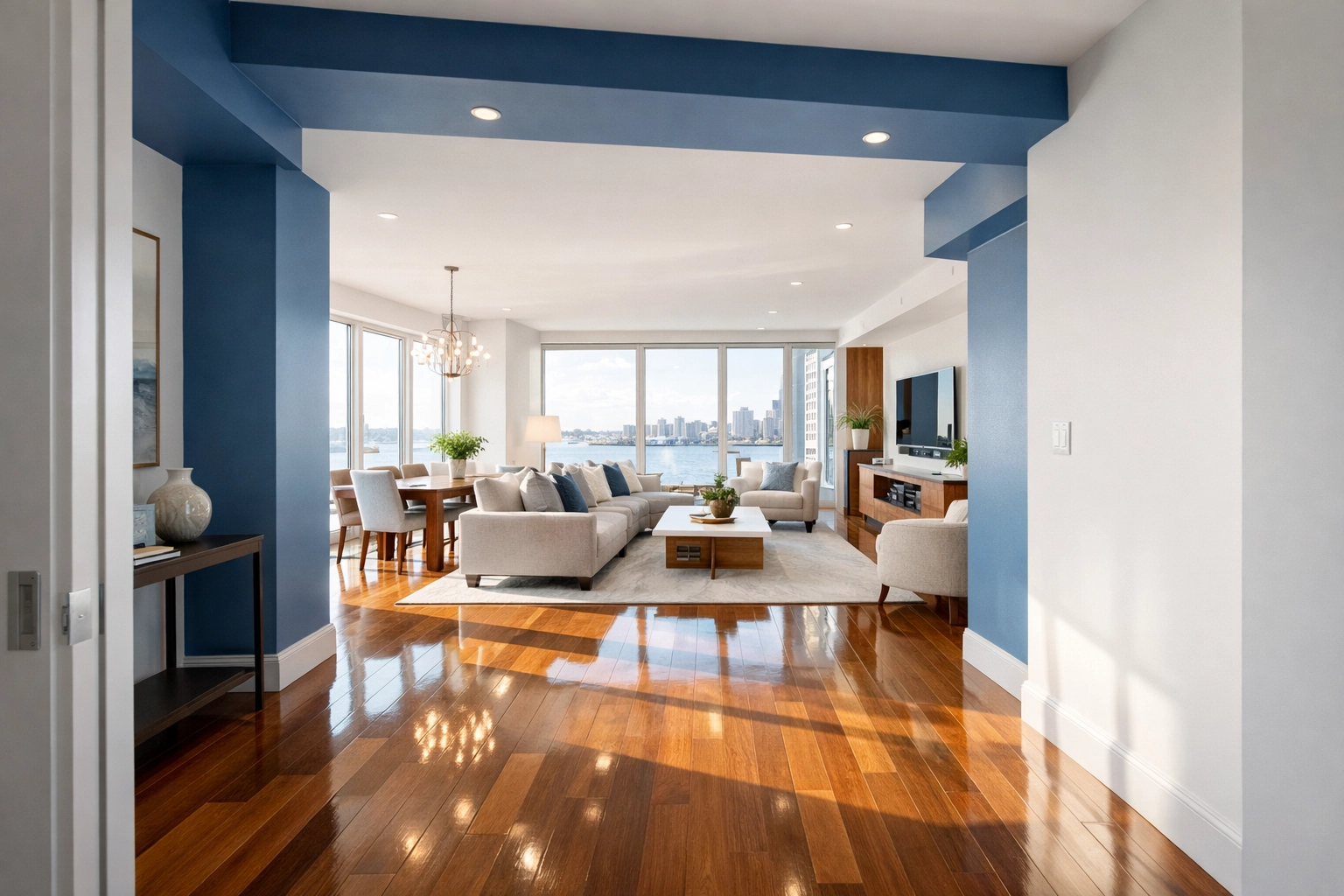 A move-in ready Boston Seaport apartment featuring spotless floors after a professional turnover cleaning.