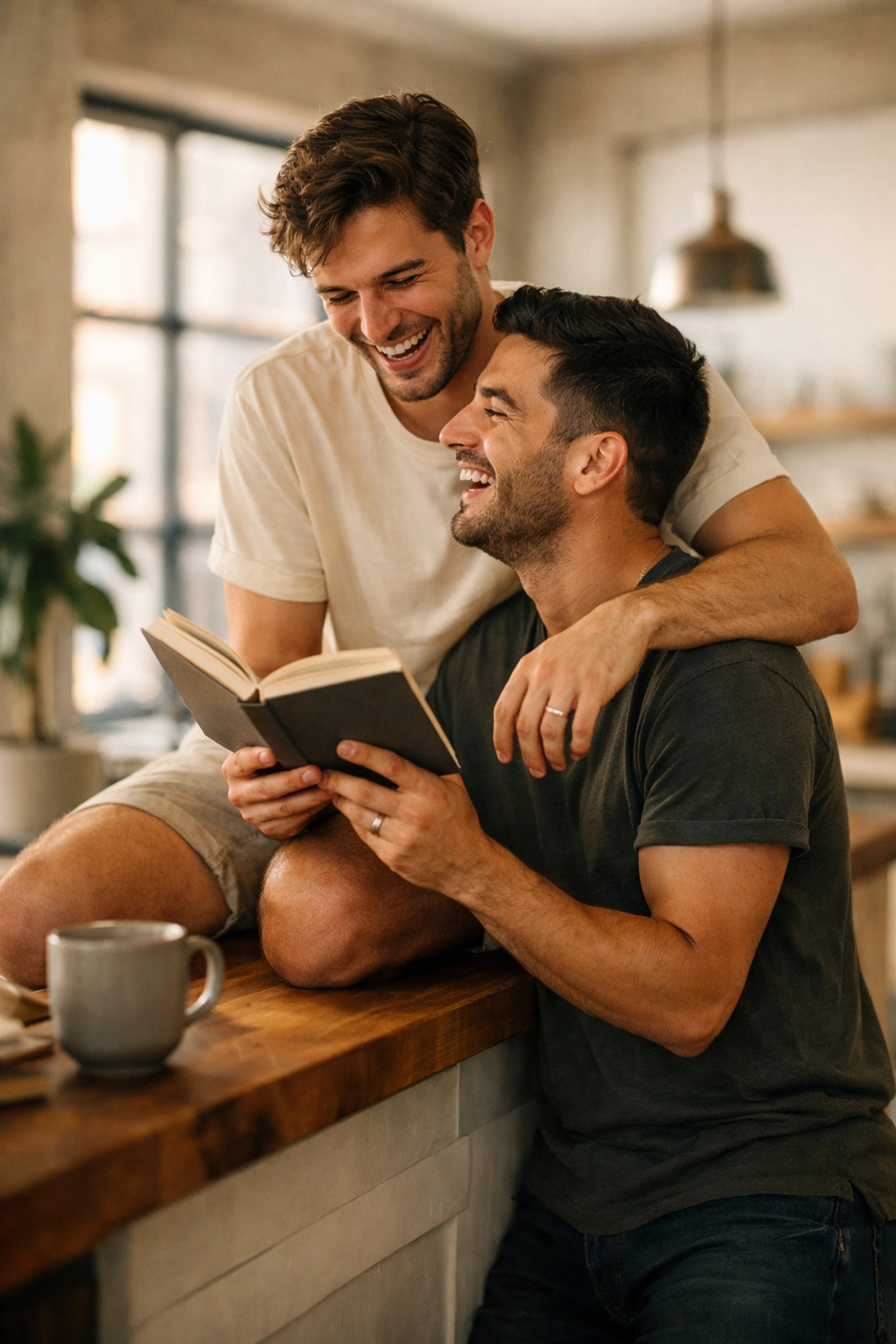 A gay couple in their 20s laughing together in a modern apartment, celebrating a personal relationship milestone.