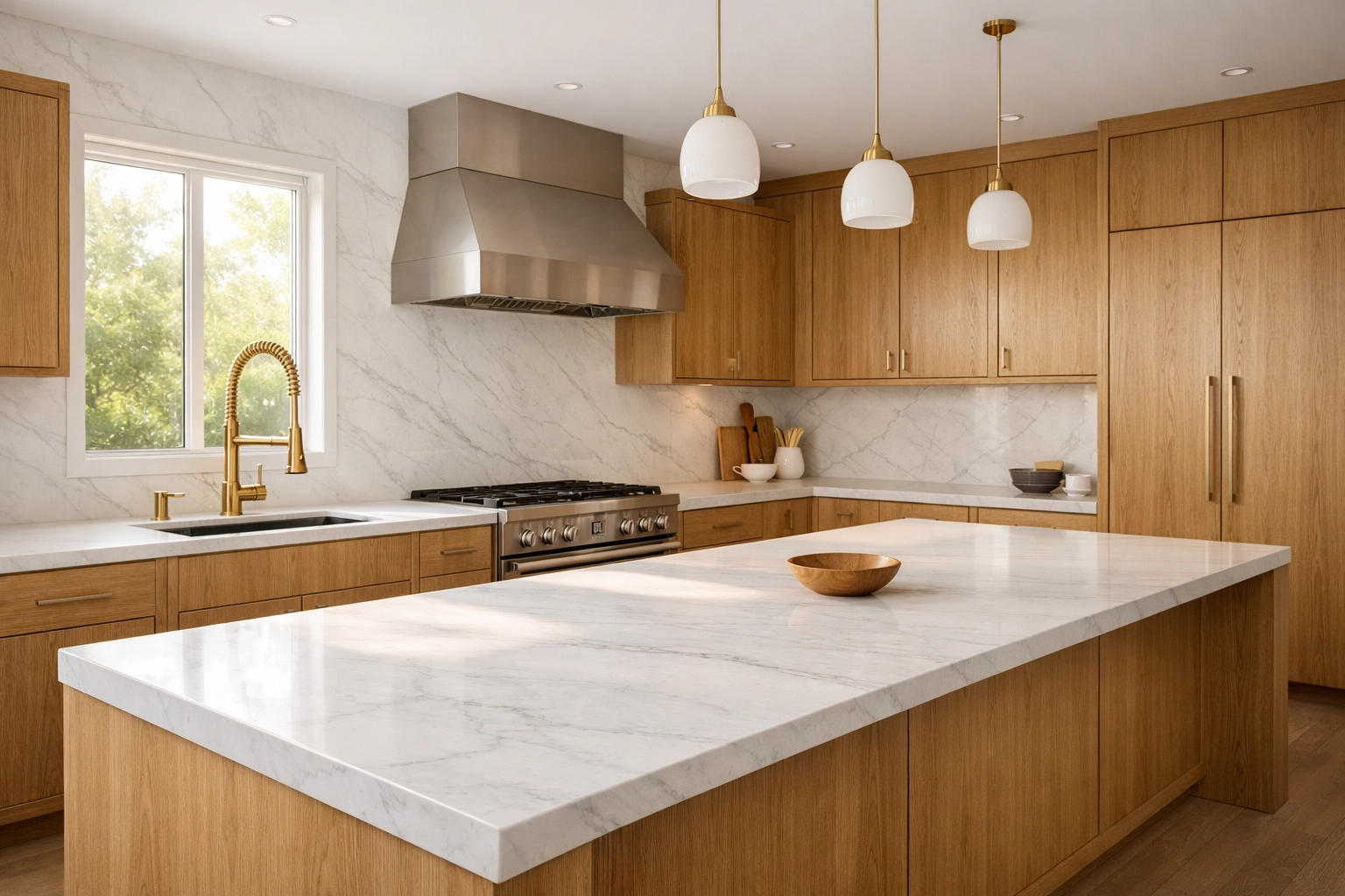 Luxury kitchen remodeling Orlando featuring natural oak cabinets and marble countertops.