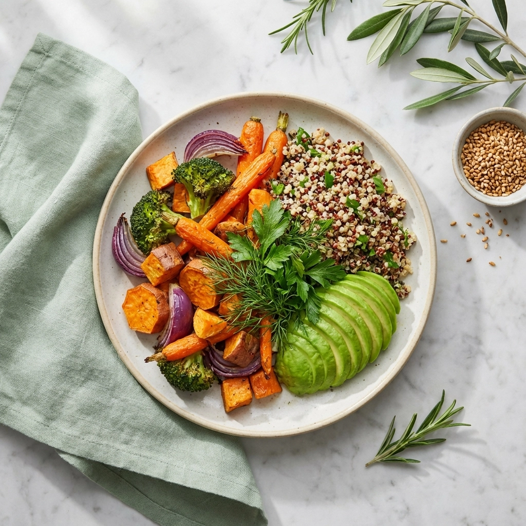 Whole foods plate with vegetables and grains highlights nourishing your body for holistic wellness.