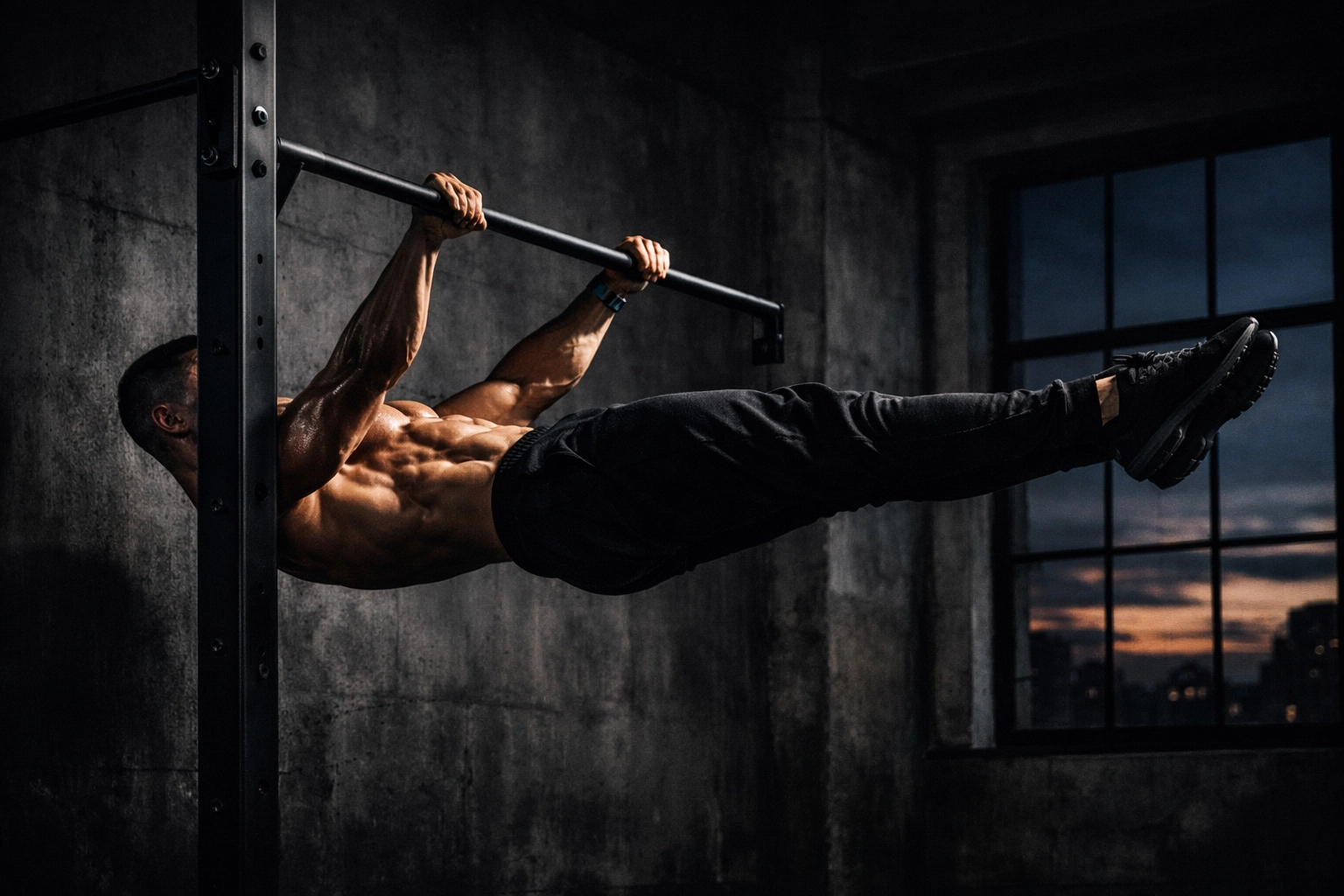 Athlete performing a front lever on a floor to ceiling gym rail for bodyweight training at home.