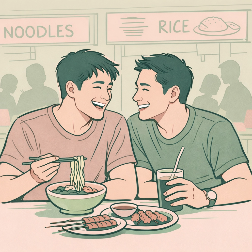 Asian MM romance couple sharing meal at Singapore hawker center
