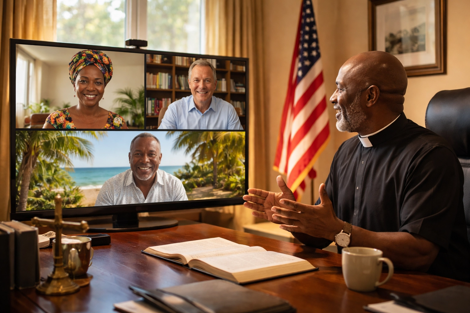 Black pastor video conferencing with international leaders, fostering global church partnerships.