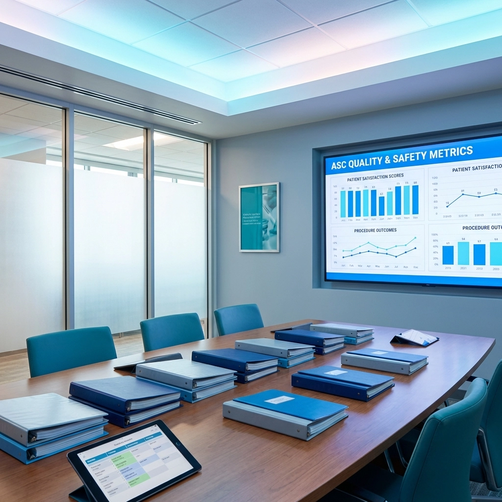 Ambulatory surgery center conference room with quality metrics displayed on a large screen, highlighting QAPI program oversight.
