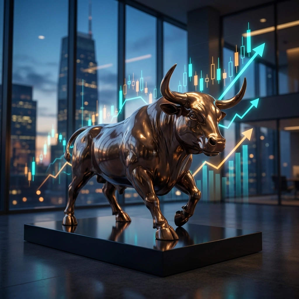 Bull statue with financial charts symbolizing investment growth and market strategies in 2026