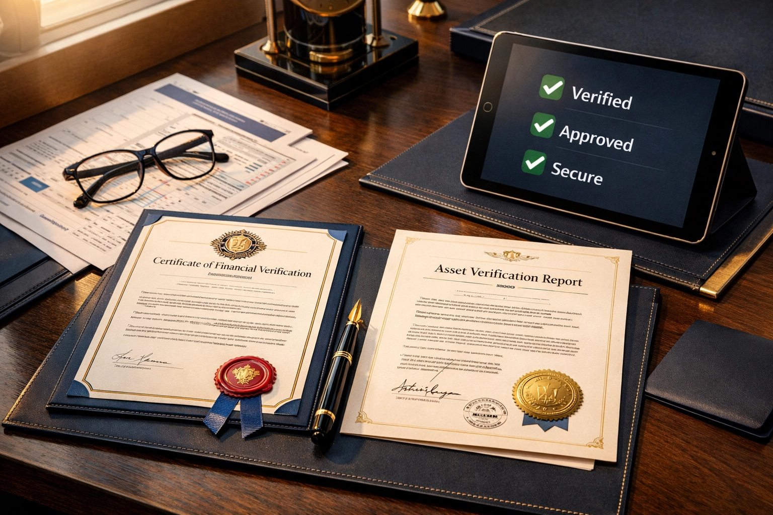 Accredited investor verification documents and financial statements on executive desk