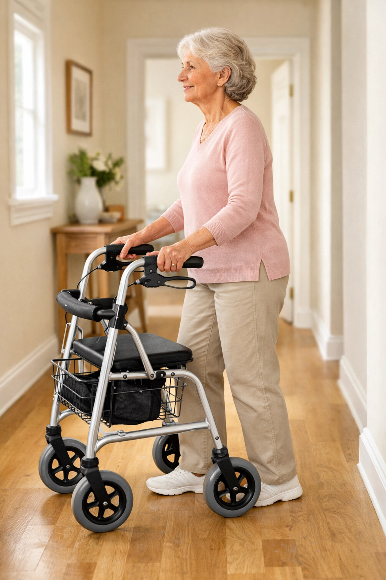 A senior woman demonstrates proper posture while walking safely inside the frame of a rollator walker.
