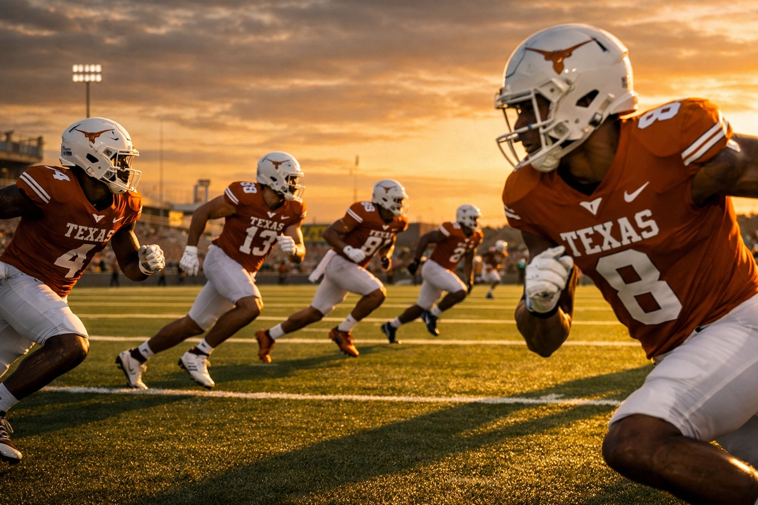 Texas Longhorns wide receivers running routes on football field showcasing offensive depth