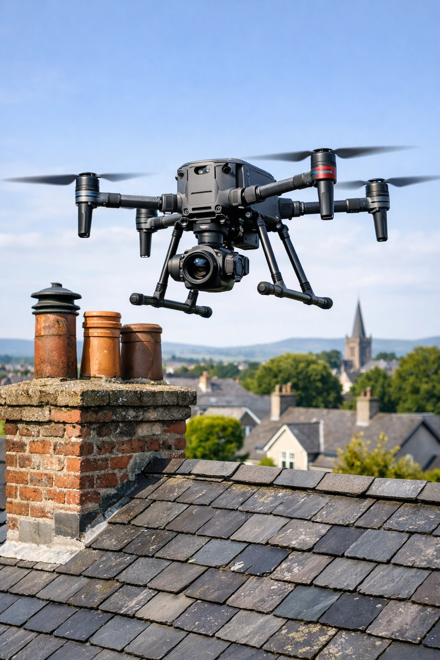 Modern drone roof survey in Lisburn identifying potential defects on a traditional slate roof.
