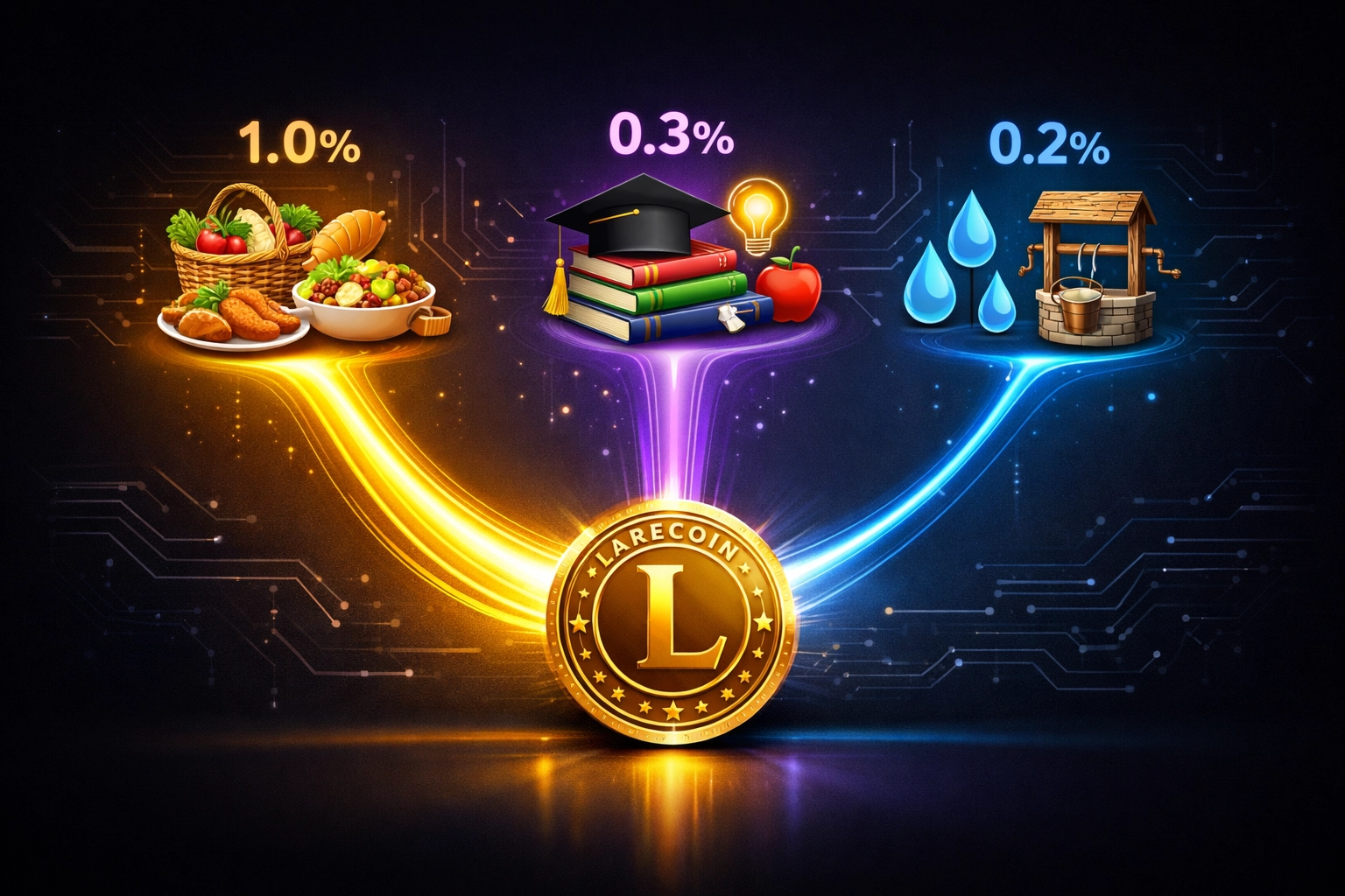Larecoin 1.5% tax allocation breakdown: 1% hunger relief, 0.3% education, 0.2% clean water