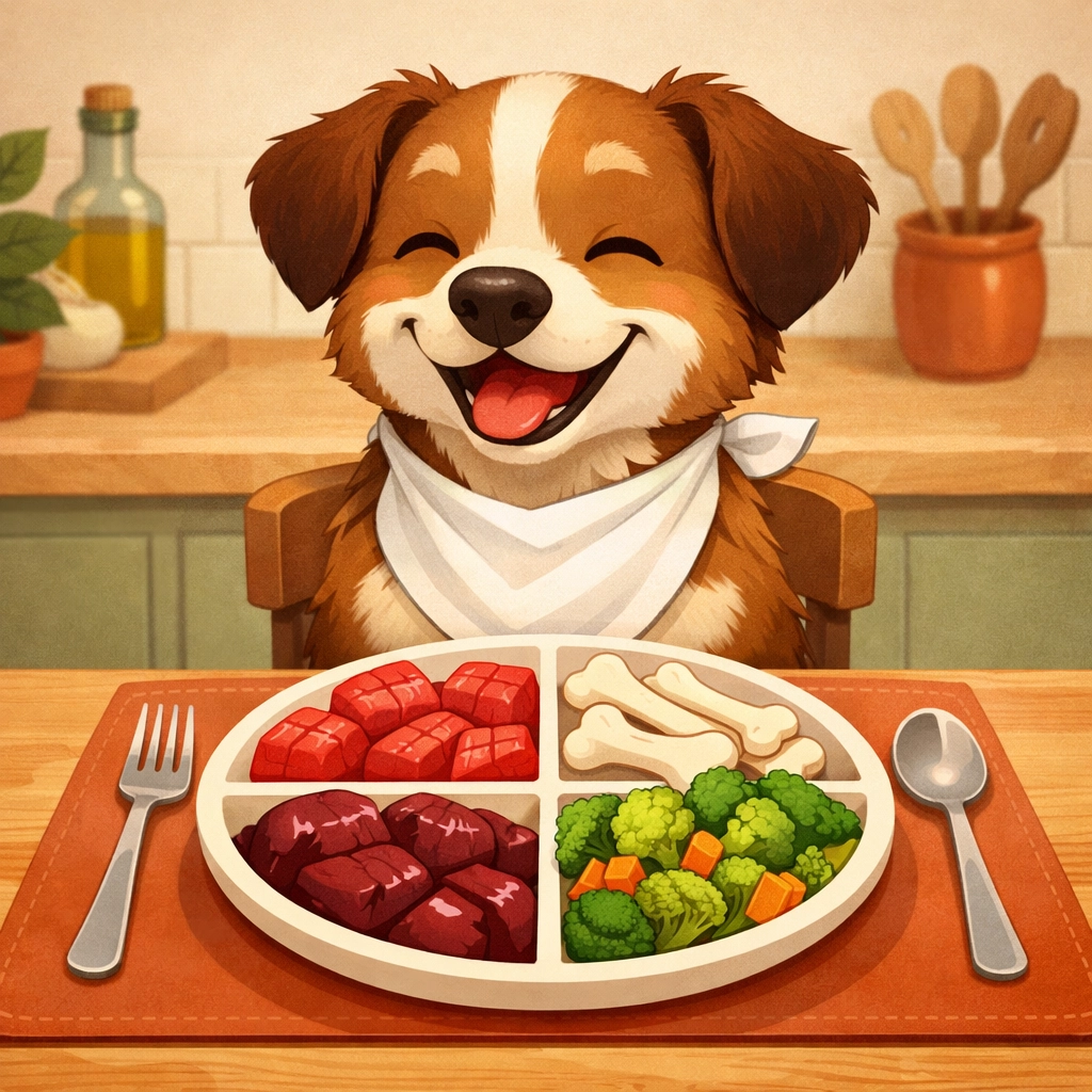 Dog enjoying complete raw dog food with balanced portions of meat, bone, and organs on plate