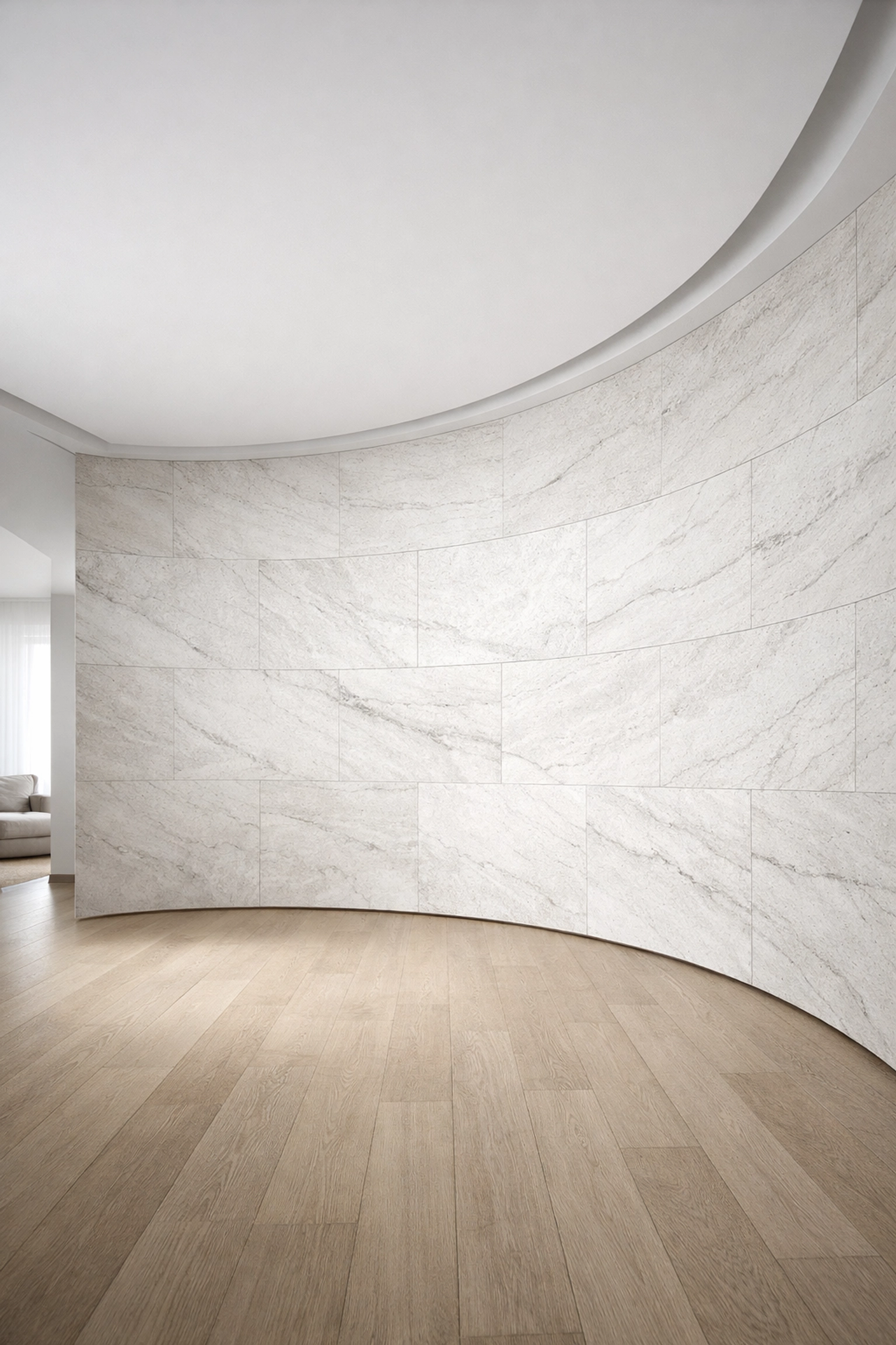 ECO-FLEXI MCM brand of Flexible Natural Stone applied to a sweeping concave architectural wall.
