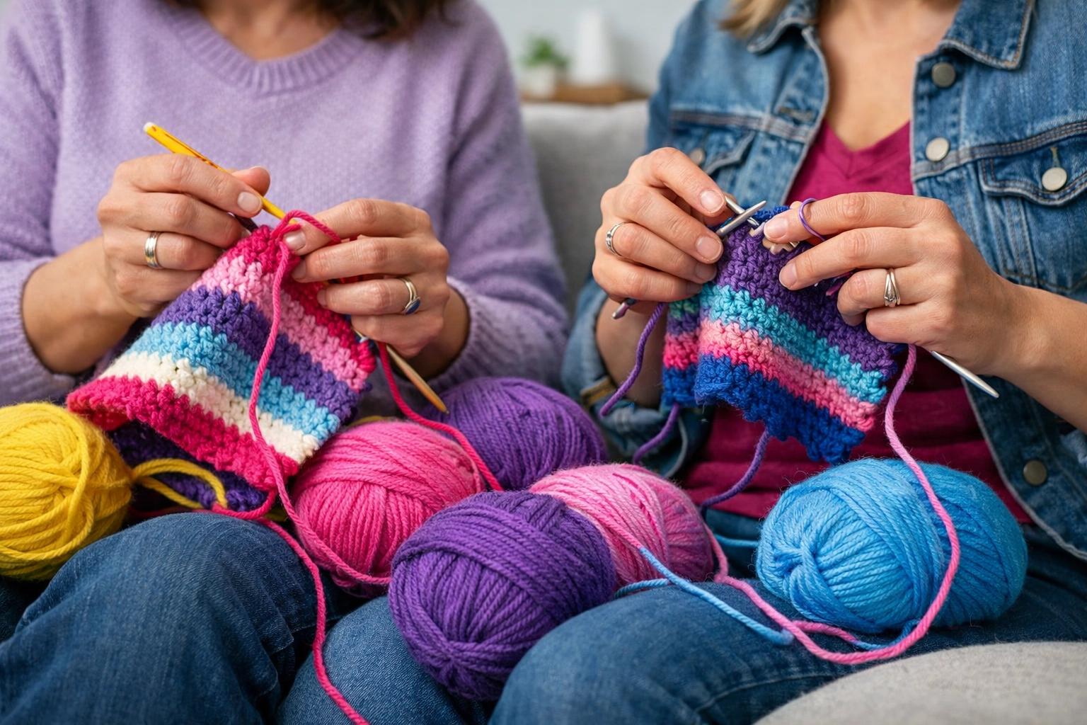 Two women knitting with rainbow-colored yarn, showcasing a domestic queer hobby for community building.