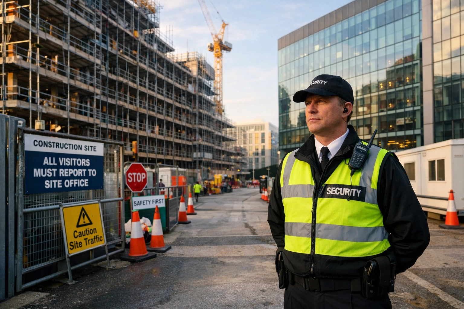 Professional SIA licensed security guard standing watch at a modern UK construction site.