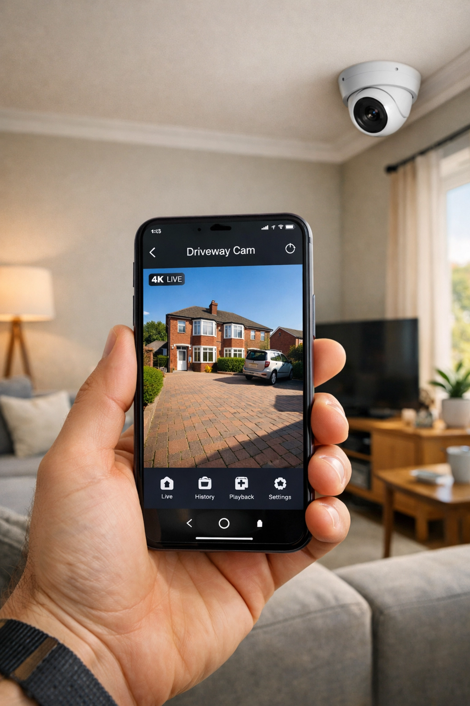 Smartphone security app showing a live camera feed integrated with a home intruder alarm system.