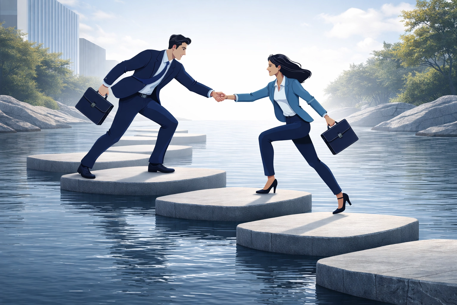 Two professionals guiding each other across glowing stepping stones, highlighting feedback and progress in management training courses.