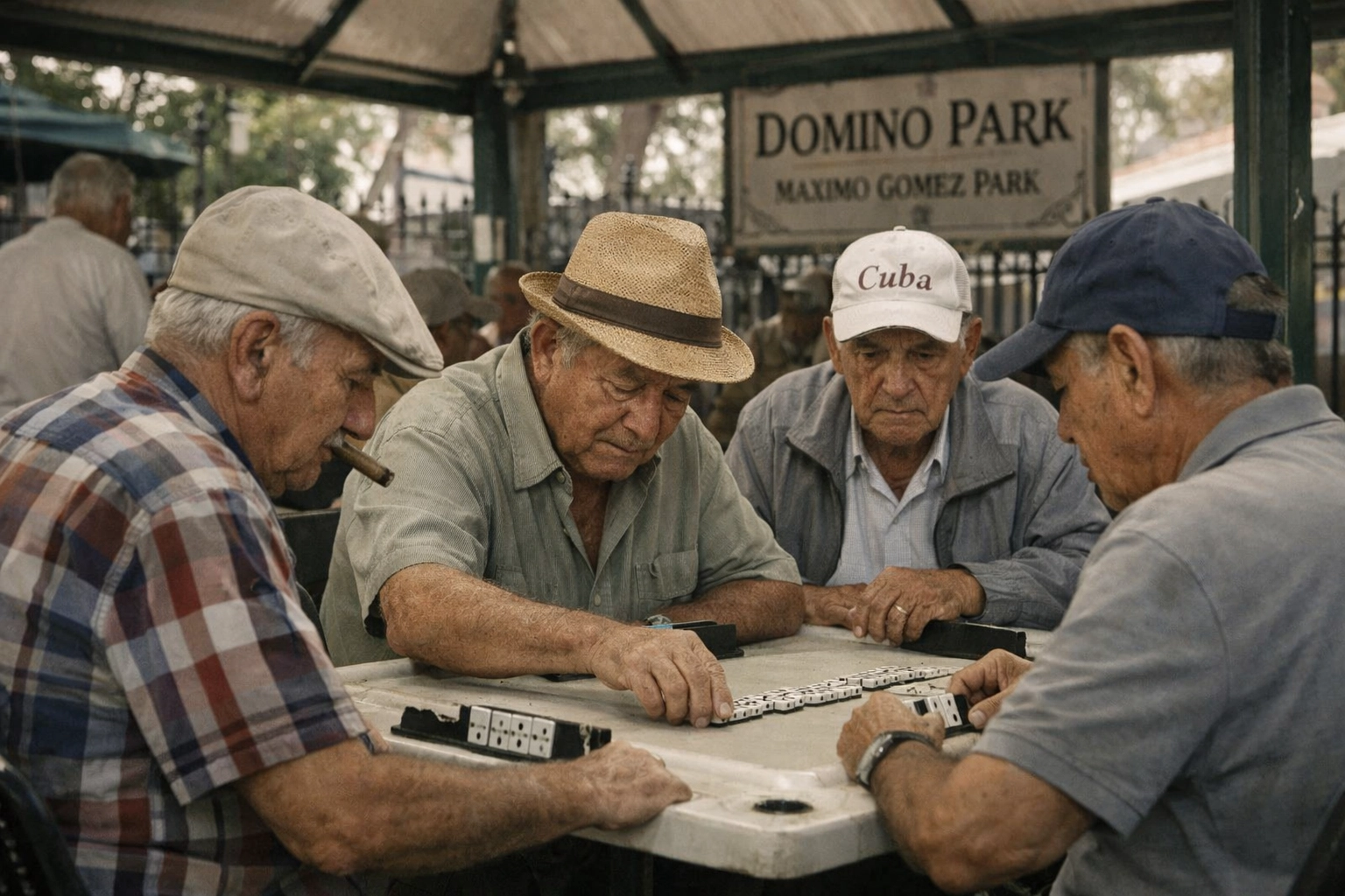 Candid street photography of locals playing dominoes at Domino Park in Little Havana, Miami.