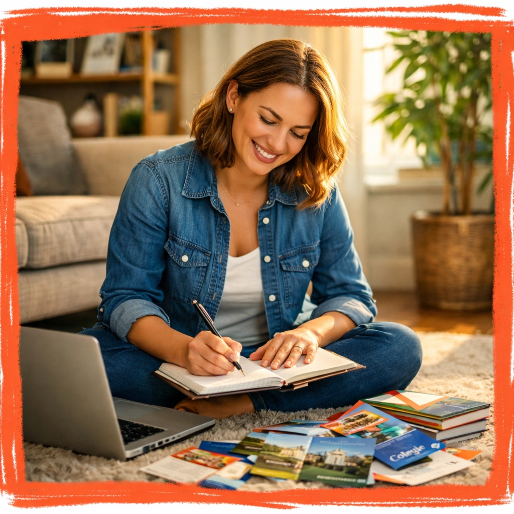 Woman planning education funding using home equity with laptop and college brochures Woman planning education funding using home equity with laptop and college brochures
