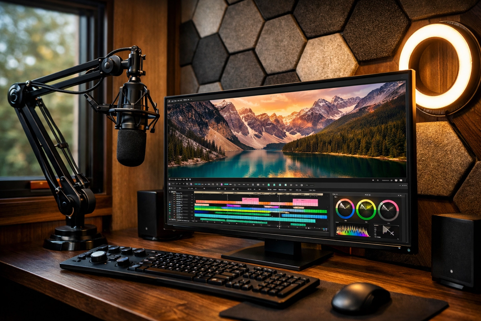 Interior of a content creation pod equipped with acoustic panels and high-end video editing hardware.